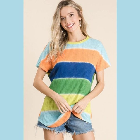 ORANGE MULTI COLOR STRIPE DETAIL TOP Made in USA - Picture 2 of 6